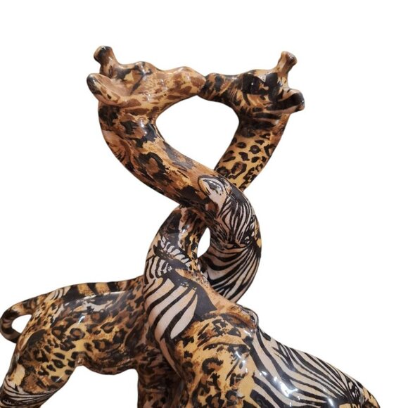 La Vie Giraffe Kissing Pair Set Safari Decoupage Patchwork Glazed Zebra 10 Inch - Picture 3 of 8